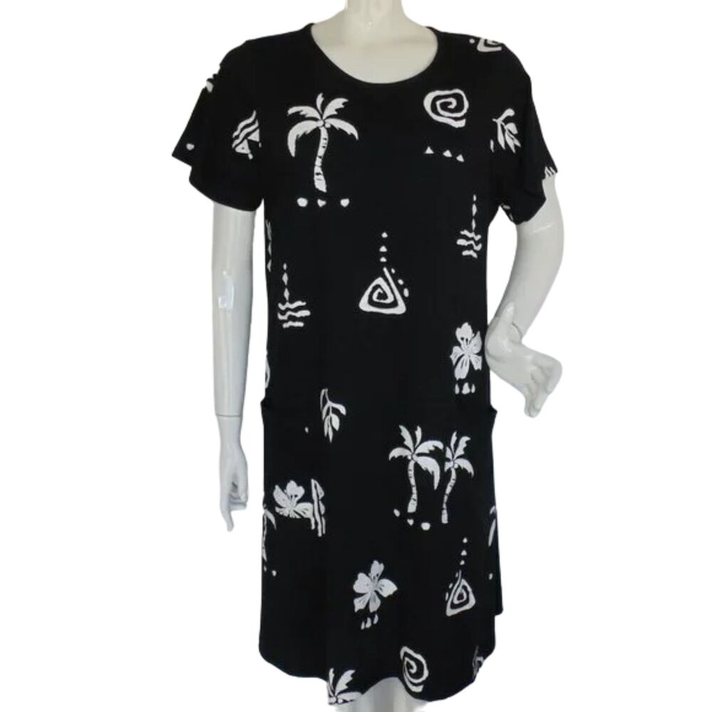 CACTUS Dress, M, Black, White Print, Jersey, Pockets, Palm Trees/Floral/Geo, SS
